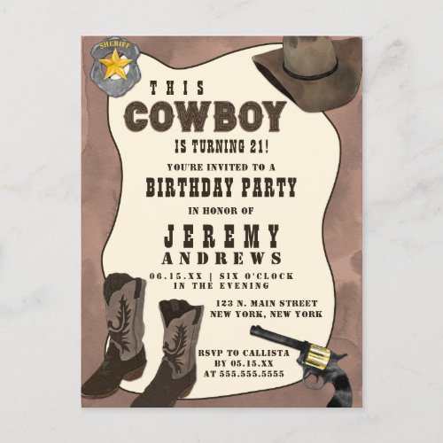 Country Brown Cowboy Watercolor Birthday Invitation Postcard