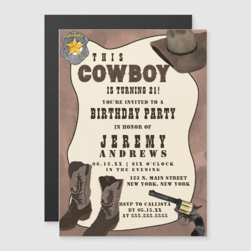 Country Brown Cowboy Watercolor Birthday Magnetic Invitation