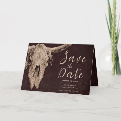 Country Brown Rodeo Bull Skull Save The Date Invitation