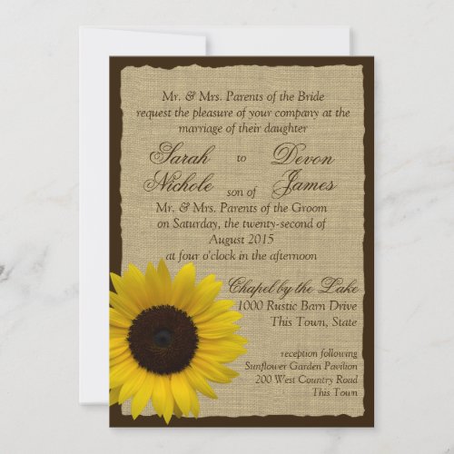 Country Burlap and Sunflower Wedding Personalized Invites