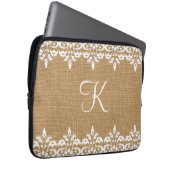 Country Burlap and white damask lace monogram Laptop Sleeve (Front Right)
