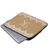 Country Burlap and white damask lace monogram Laptop Sleeve (Front Bottom)