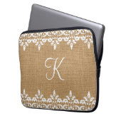 Country Burlap and white damask lace monogram Laptop Sleeve (Front Left)