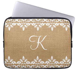 Country Burlap and white damask lace monogram Laptop Sleeve