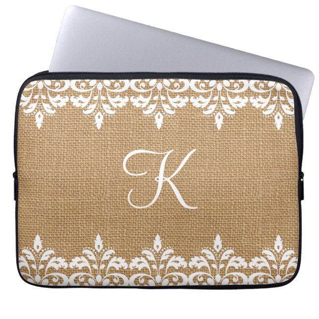 Country Burlap and white damask lace monogram Laptop Sleeve (Front)