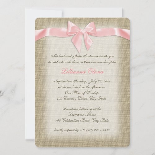 Country Burlap Baby Pink Christening Invitation