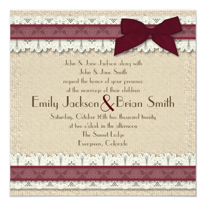 Country burlap burgundy ribbon wedding invitations