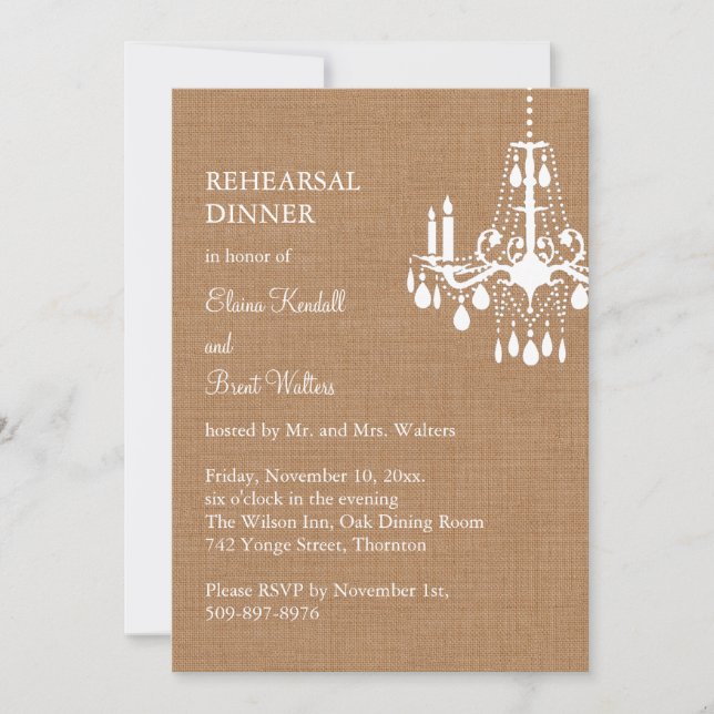 Country Burlap Chandelier Rehearsal Dinner Invite (Front)