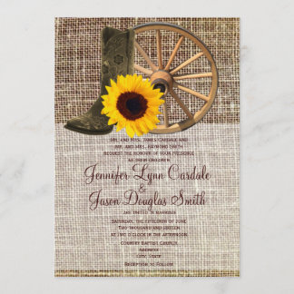 Country Burlap Cowboy Boots Sunflower Wedding Invitation