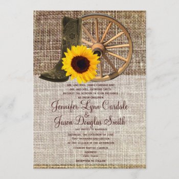 Country Burlap Cowboy Boots Sunflower Wedding Invitation by CustomWeddingSets at Zazzle