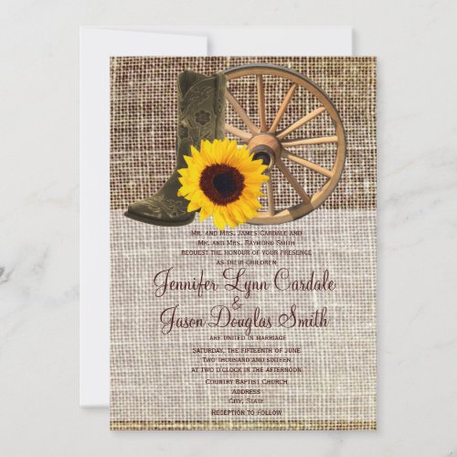 Country Burlap Cowboy Boots Sunflower Wedding Personalized Invitations