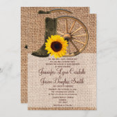 Country Burlap Cowboy Boots Sunflower Wedding Invitation (Front/Back)