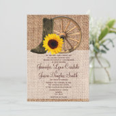 Country Burlap Cowboy Boots Sunflower Wedding Invitation (Standing Front)