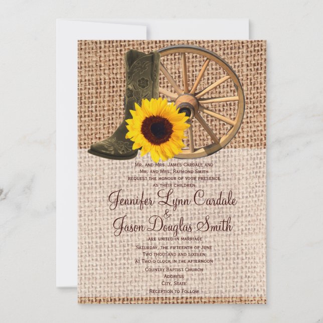 Country Burlap Cowboy Boots Sunflower Wedding Invitation (Front)