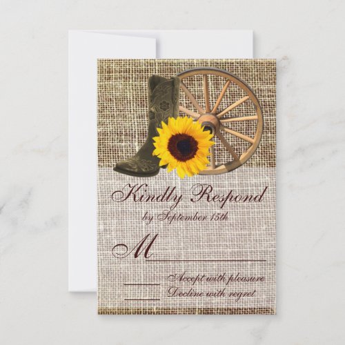 Country Burlap Cowboy Boots Sunflower Wedding RSVP