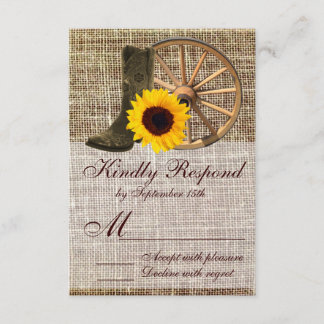 Country Burlap Cowboy Boots Sunflower Wedding RSVP Card