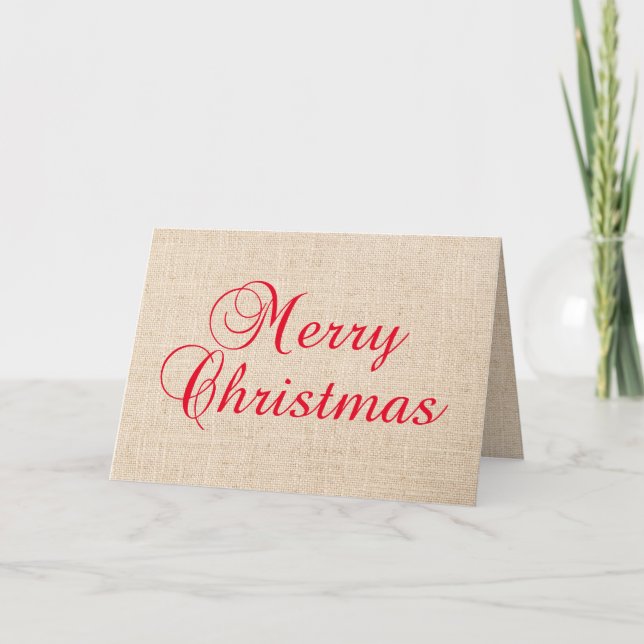 Country Burlap Family Photo Red Merry Christmas Holiday Card (Front)