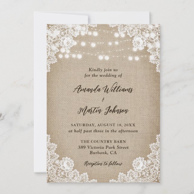 Country Burlap Floral Lace String Lights Wedding Invitation (Front)