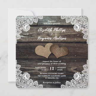 Country Burlap Hearts Floral Lace Wood Wedding Invitation