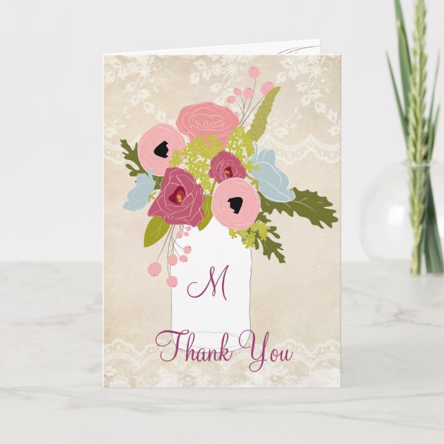 Country Burlap Lace Mason Jar Thank You Card (Front)