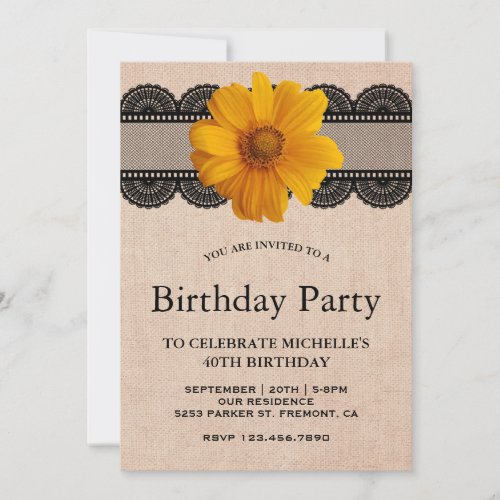 Country Burlap Lace Sunflower Birthday Party Invitation