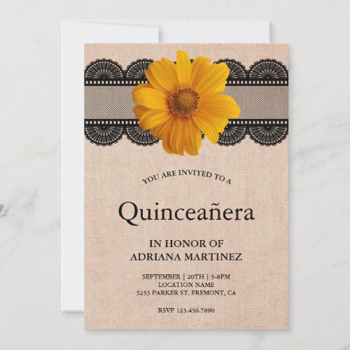 Country Burlap Lace Sunflower Quinceanera Invitation