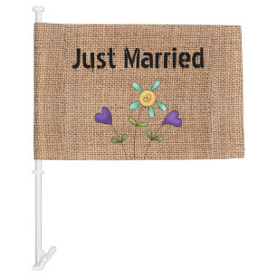 Country Burlap Look Just Married Car Flag
