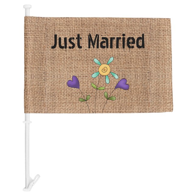 Country Burlap Look Just Married Car Flag (Front)