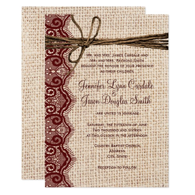 Country Burlap Maroon Lace Twine Wedding Invites