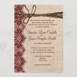 Country Burlap Maroon Lace Twine Wedding Invites