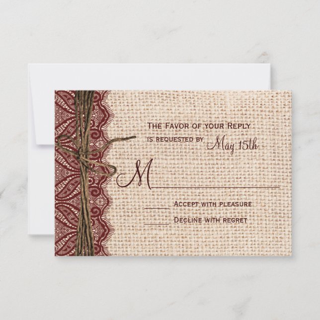 Country Burlap Maroon Red Lace Twine Wedding RSVP (Front)