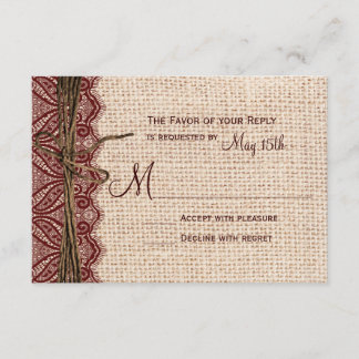 Country Burlap Maroon Red Lace Twine Wedding RSVP Card