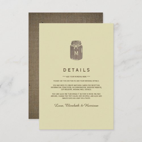 Country Burlap Mason Jar Wedding Detail Enclosure Card