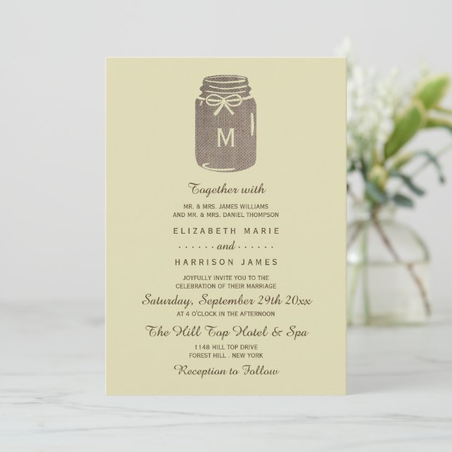 Country Burlap Mason Jar Wedding Invitation (Standing Front)