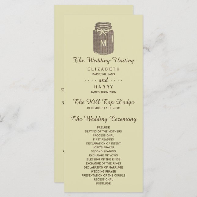 Country Burlap Mason Jar Wedding Program (Front/Back)