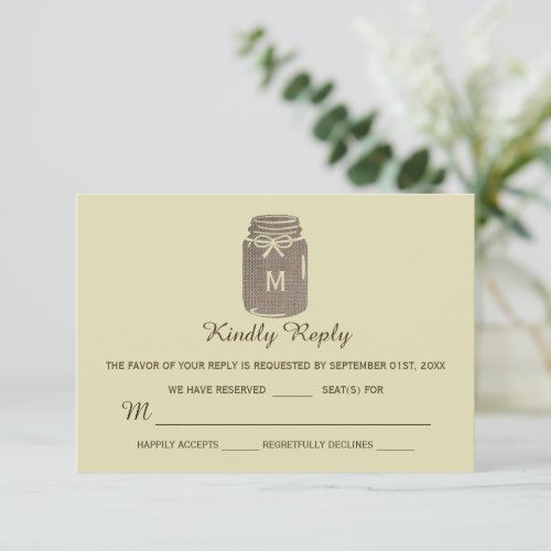 Country Burlap Mason Jar Wedding RSVP Card