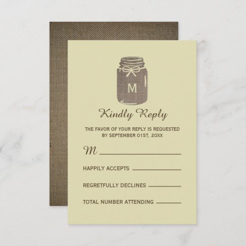 Country Burlap Mason Jar Wedding RSVP Card