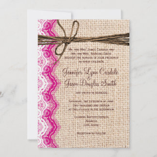 Country Burlap Pink Lace Twine Wedding Invites