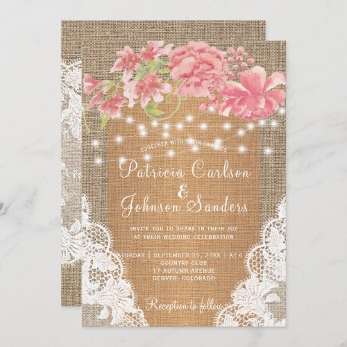 Country burlap pink peony lights and lace wedding invitation