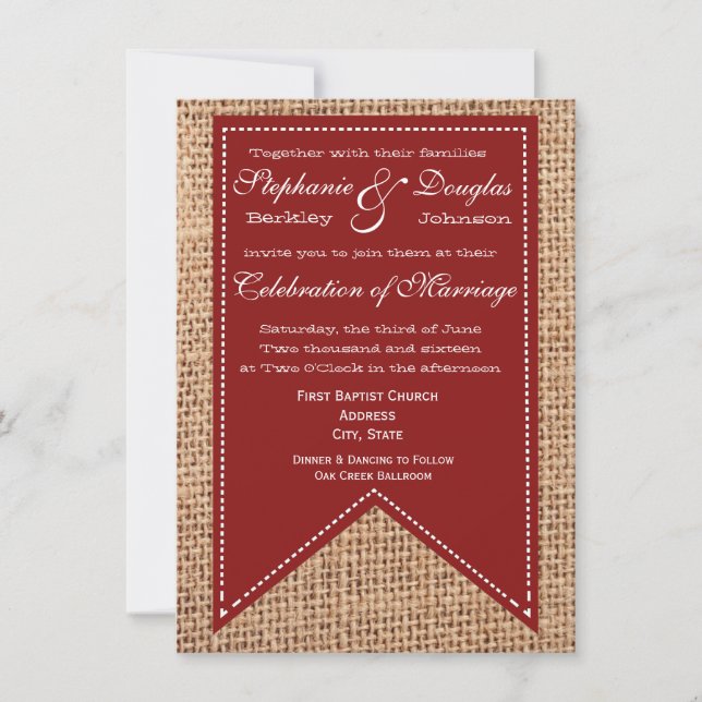 Country Burlap Print Red Rustic Wedding Invitation (Front)