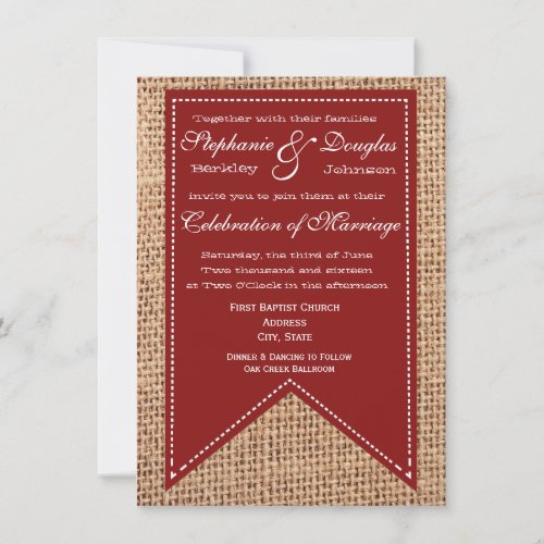 Country Burlap Print Red Rustic Wedding Invitation