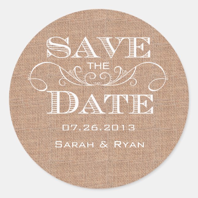 Country Burlap Print Save the Date Sticker (Front)