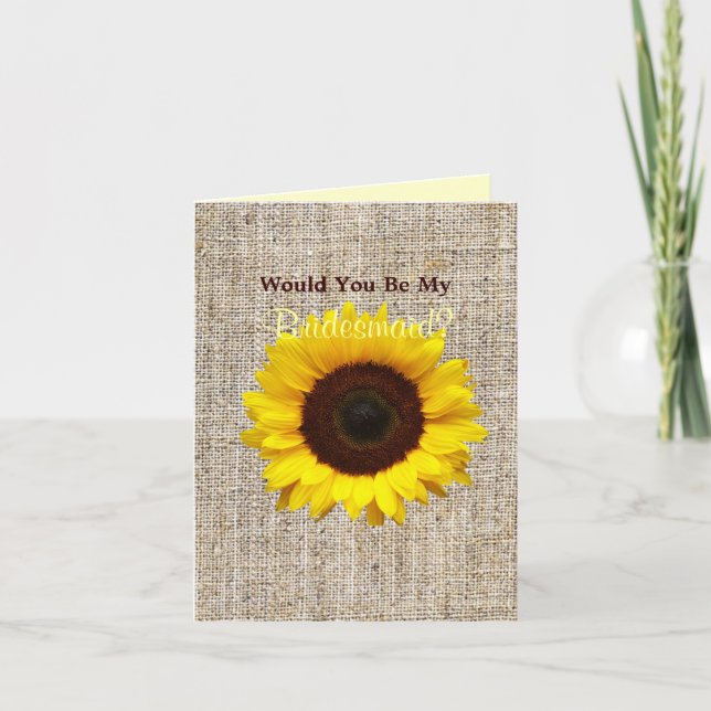 Country Burlap Sunflower Will You Be My Bridesmaid Invitation (Front)