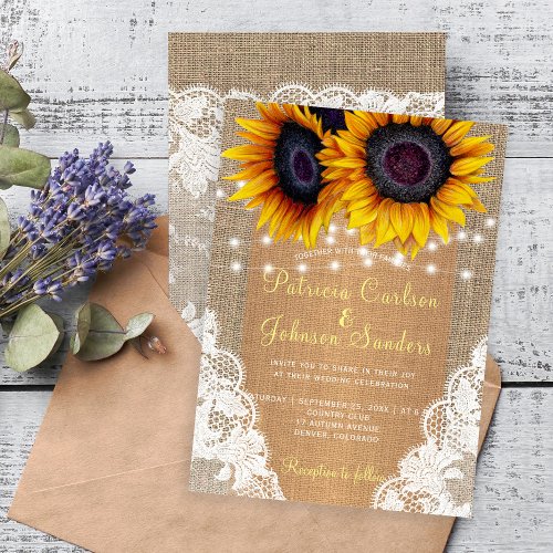 Country burlap sunflowers lights and lace wedding invitation