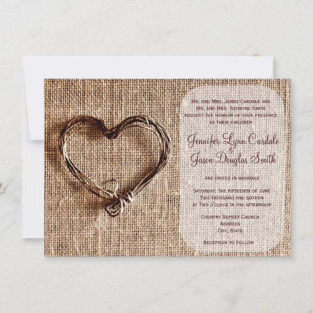 Country Burlap Twine Heart Wedding Invitations (Front)