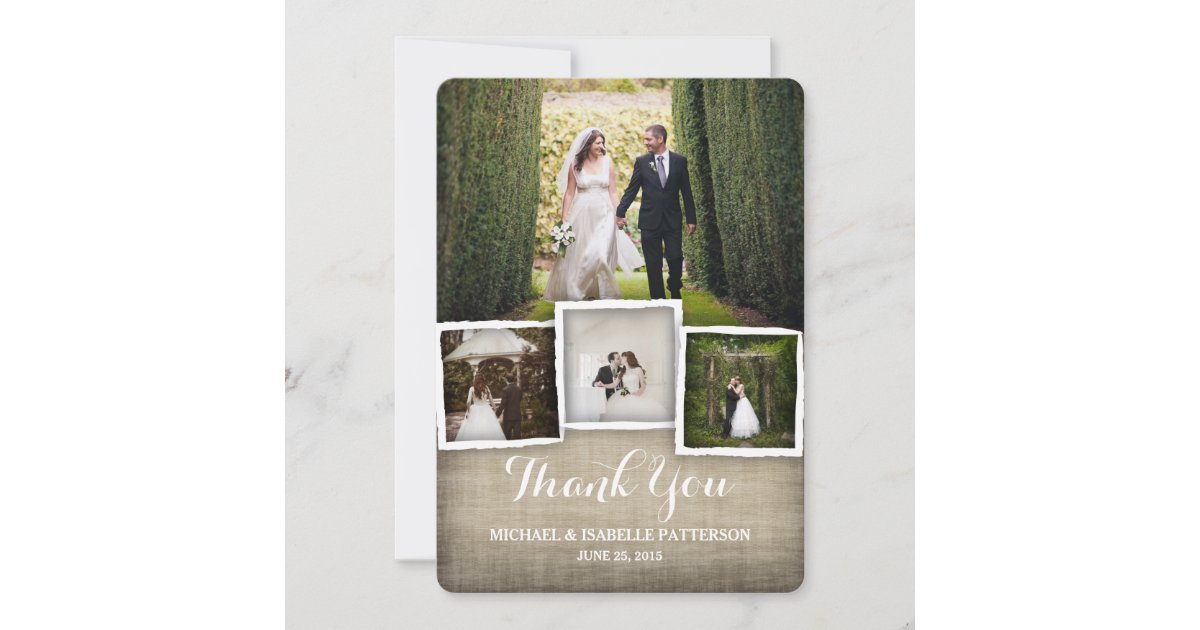 Country Burlap Wedding Photo Thank You Card | Zazzle