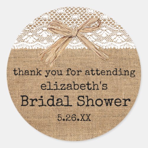 Country Burlap with Lace Bridal Shower Guest Favor Classic Round Sticker
