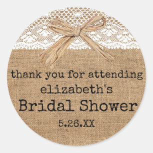 Country Burlap with Lace Bridal Shower Guest Favor Classic Round Sticker