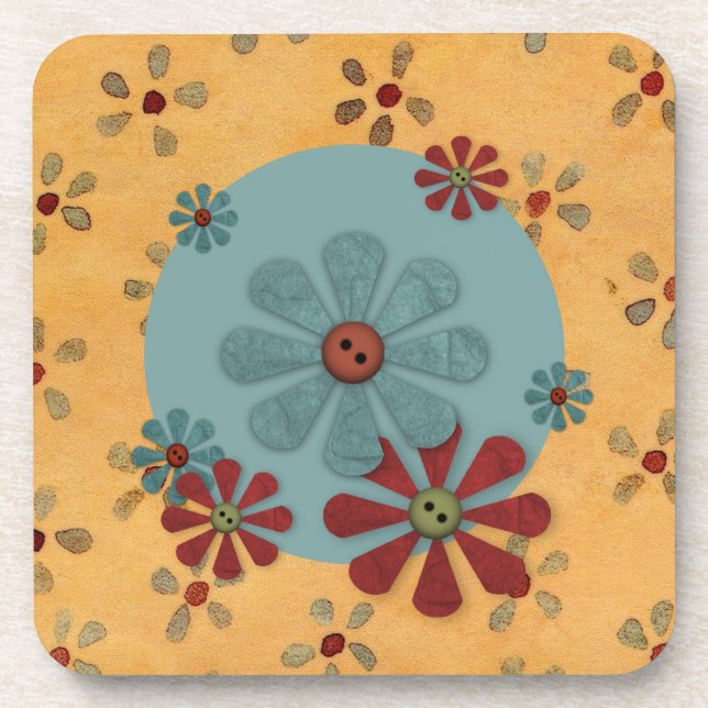 Country Button Flower Cork Coaster (Front)