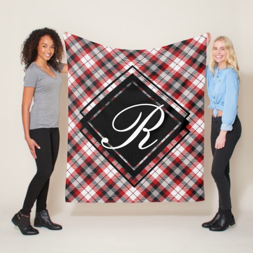 Country Cabin Red Black Plaid Tartan with Initial Fleece Blanket